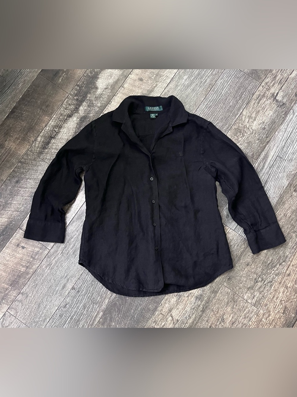 Lauren Ralph Lauren Black Button-Down 100% linen Shirt Size S/P Petite